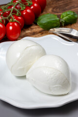Tasty italian food, fresh white buffalo mozzarella soft cheese balls from Campania close up
