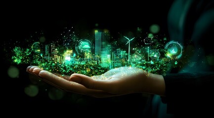 Sustainable green city in hand with eco-friendly technology and renewable energy concept