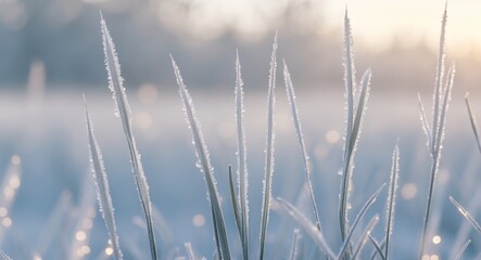 Obraz premium Frost covering grass blades in winter morning sunlight