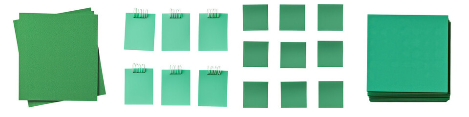 Fototapeta premium Green corporate stationery mockup with blank documents notebooks cards and various office supplies arranged on a minimal white background Flat lay
