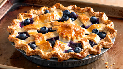 Homemade blueberry pie with golden crust and fresh blueberries