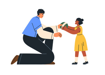 Man giving ball to girl kid. Father and adopted daughter relationship. Dad kneeling, handing toy to child. Adoption concept, happy bonding family. Flat vector illustration isolated on white background