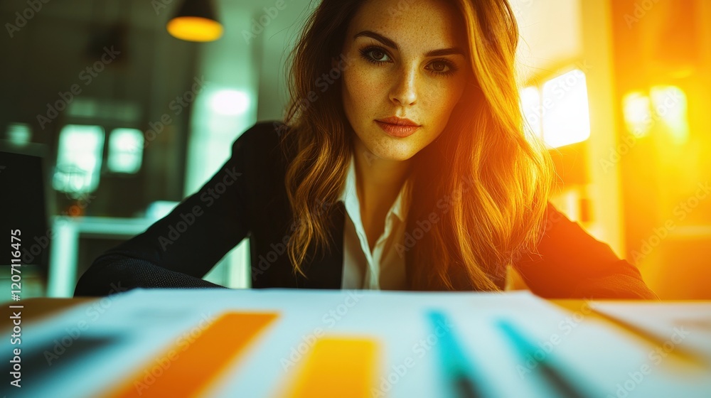 Poster professional woman in office setting analyzing data with focused expression and bright light backgro