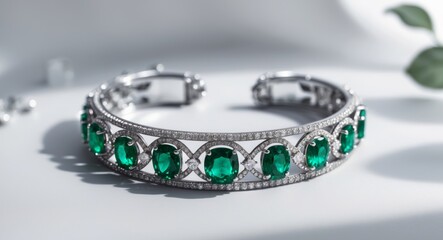 Silver Bracelet with Emerald and Diamond Accents.