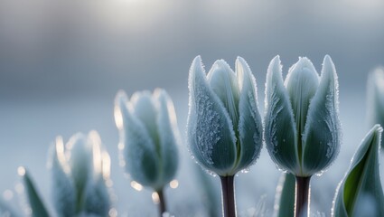Frozen tulip buds covered in frost crystals displaying winter resilience and natural beauty