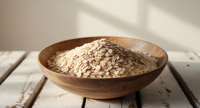Rolled oats filling a wooden bowl on rustic table.