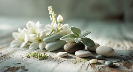 Fototapeta premium Spa essentials with flowers and stones on textured surface