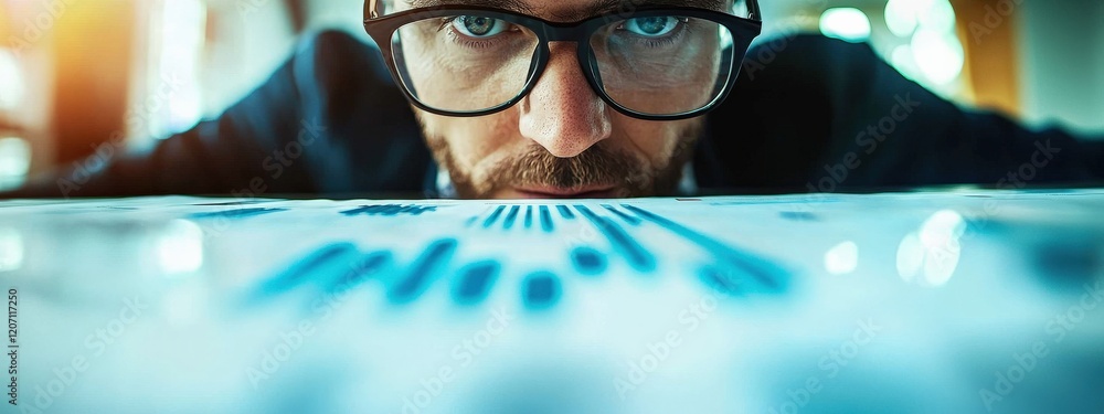 Poster focused businessman analyzing data charts with intense concentration in modern office setting
