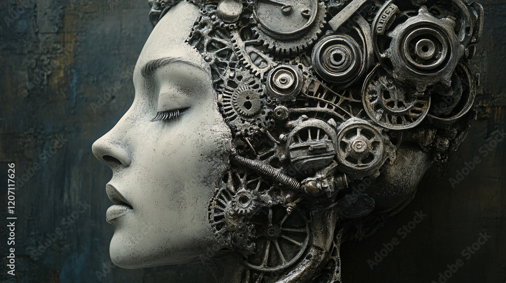 Poster a surreal robotic profile with exposed mechanical gears and cogs in intricate detail against a textu