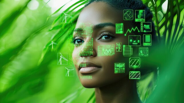 Woman's Face Surrounded by Digital Icons in Lush Green Nature Representing Innovation and Sustainability Concepts