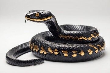 Naklejka premium Black snake with gold accents coiled on white background.