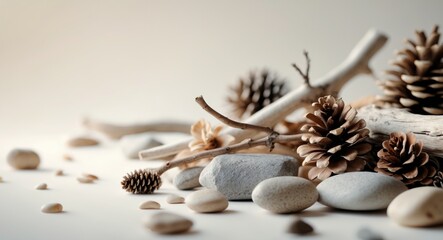 Decorative natural materials arranged creatively on a light background showcasing elegance and simplicity in design.