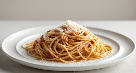 Simple and Elegant Plate of Spaghetti with Creamy Sauce and Freshly Grated Cheese on a White Plate for Gourmet Food Presentation