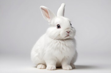 Adorable white rabbit sitting on grey background.