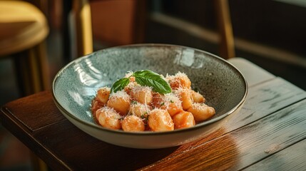 presented plate of gnocchi in a creamy tomato sauce, topped with grated parmesan and fresh basil,