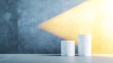 Warm light illuminates sleek white cylinders against a dark grey wall. AI Generated