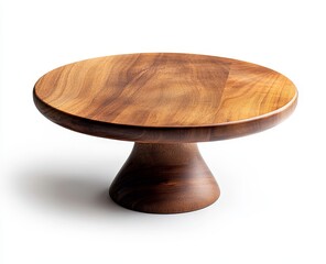Round wooden pedestal cake stand on white.