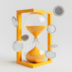 Fototapeta premium Floating Hourglass with Coins in Yellow Frame on White Background
