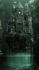 A celestial palace made entirely of radiant crystal, perched atop a glowing cliff surrounded by floating islands. Streams of liquid light flow down from the palace, cascading into shimmering 