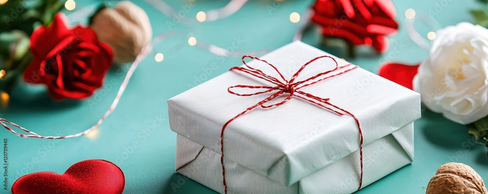 Poster elegant gift box with red string surrounded by roses hearts and string lights on teal surface