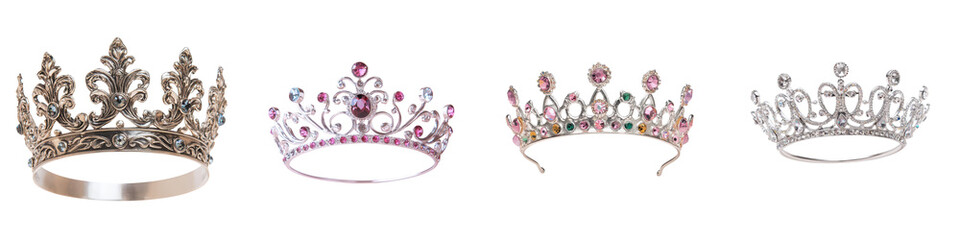 Exquisite Regal Crowns and Tiaras of Elegance Luxury and Ceremonial Splendor  A collection of ornate bejeweled and lavishly decorated headpieces symbolizing royalty nobility and high society