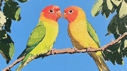 Fototapeta premium Vibrant Lovebirds Perched on a Branch Against a Clear Blue Sky with Lush Green Leaves in a Colorful Nature Scene
