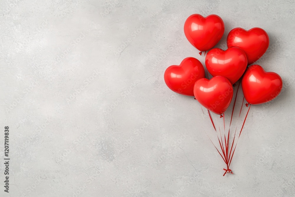 Poster Red heart shaped balloons floating against a textured gray background with copy space