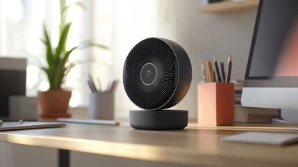 A compact, portable fan on a desk, with a focus on its quiet operation and sleek design, surrounded by office essentials.