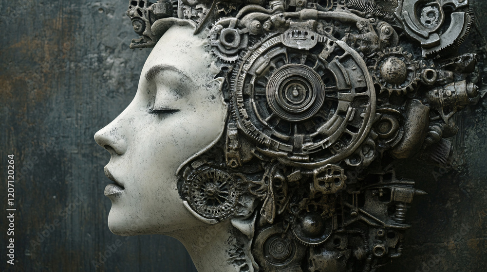 Poster a futuristic cybernetic woman with intricate mechanical gears embedded in her head symbolizing artif