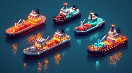 Obraz premium A cyberpunk harbor bustling with activity as glowing ships unload radiant cargo. Autonomous cranes move efficiently, while neon-lit hovercrafts glide across the shimmering water. 
