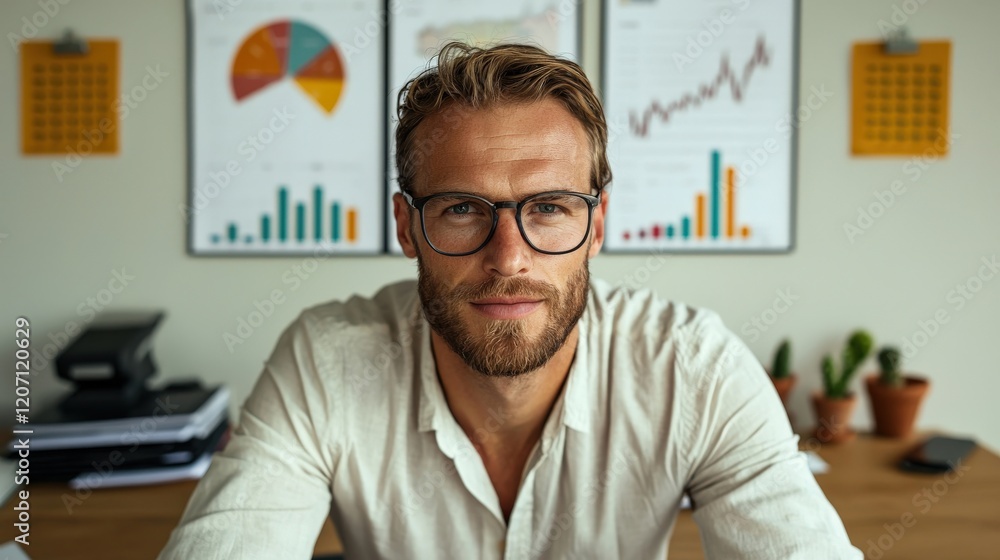 Poster professional man with glasses sitting at desk in office with graphs and charts in background on a bu