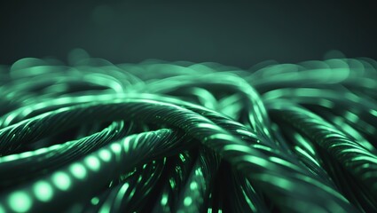 Green glowing data cables transferring information background.