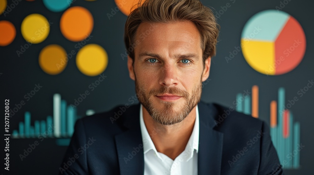 Aufkleber professional man with beard in business attire against colorful graphs and charts background for cor