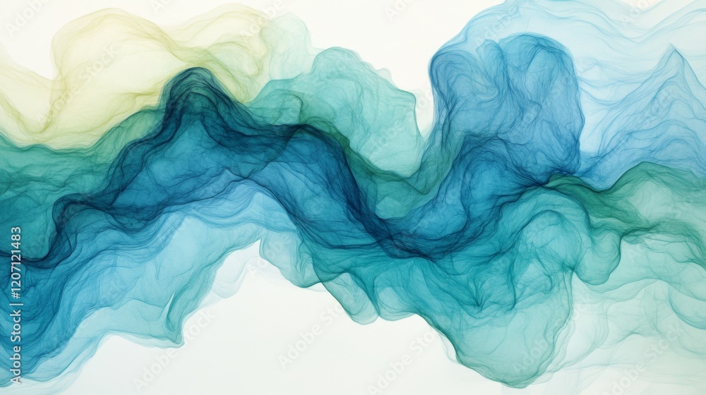 Poster An artistic close-up of flowing, curved lines in shades of blue and green, intertwining and creating a sense of fluidity against a soft gradient background