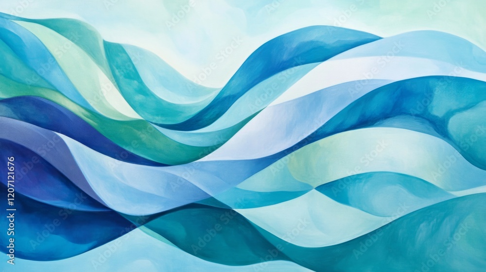Poster an artistic close-up of flowing, curved lines in shades of blue and green, intertwining and creating