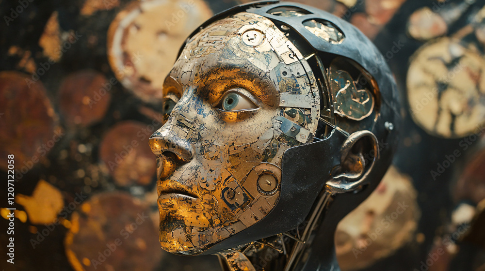 Poster a close-up of an artistic humanoid robot with metallic textures and intricate details against a warm