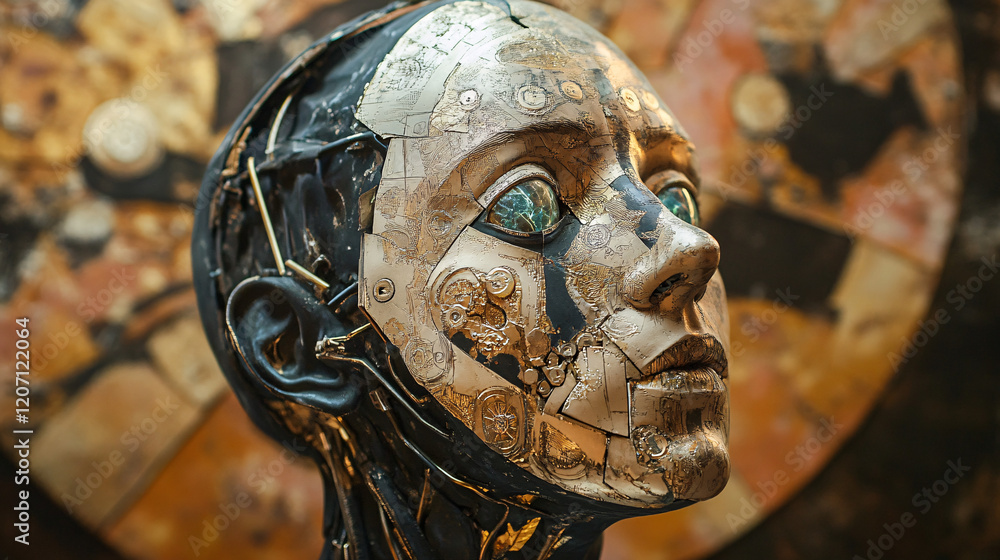 Poster a close-up of an artistic humanoid robot with metallic textures and intricate details against a warm