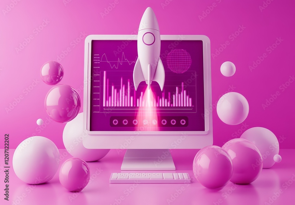 Fototapete rocket launching from computer screen displaying graphs, surrounded by spheres on pink background.