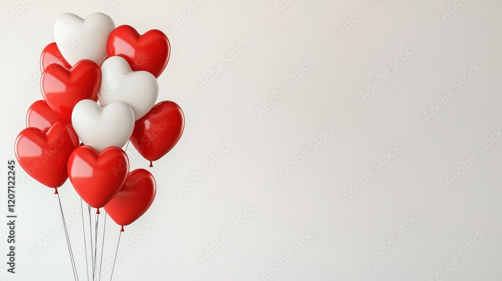 Poster Red and White Heart Balloons Floating Against a Plain White Background With Copy Space