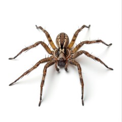 Brown spider with long legs, positioned on a white background, showcasing its intricate details.