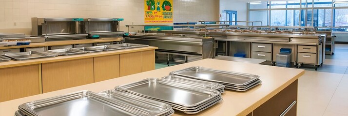 A neat school cafeteria setup with stainless steel trays and a buffet counter