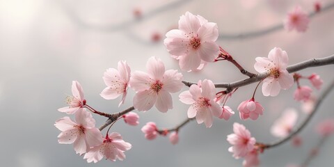 Soft pink cherry blossoms on branches with a serene blurred background.