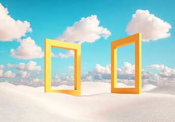 Two yellow frames in a white sandy desert under a blue sky with clouds.
