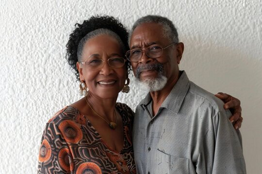 Elderly African American Couple Poses Together Against a White Textured Wall
