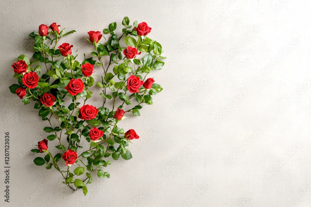 Poster heart shaped arrangement of red roses on a light gray textured background with copy space