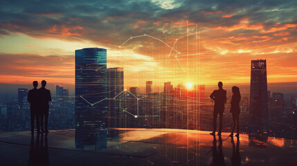 Fototapeta premium abstract professional business team people connection of line from nail node to node on Smart digital cityscap and skyline background , Innovation networking concept