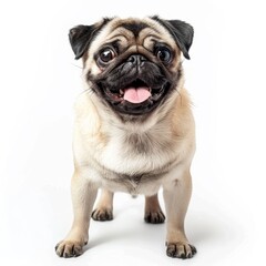Obraz premium Happy pug dog with a playful expression, standing against a white background.