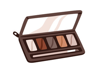 Eyeshadow palette, makeup box. Eye shadow, decorative cosmetic kit with shades. Portable compact beauty product with mirror and brush. Flat graphic vector illustration isolated on white background