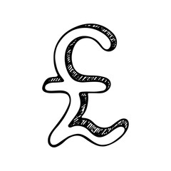 Naklejka premium Hand drawn british pound currency symbol. Brush stroke doodle. Single element for design