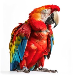 Fototapeta premium Vibrant scarlet macaw perched with colorful feathers and a strong beak.